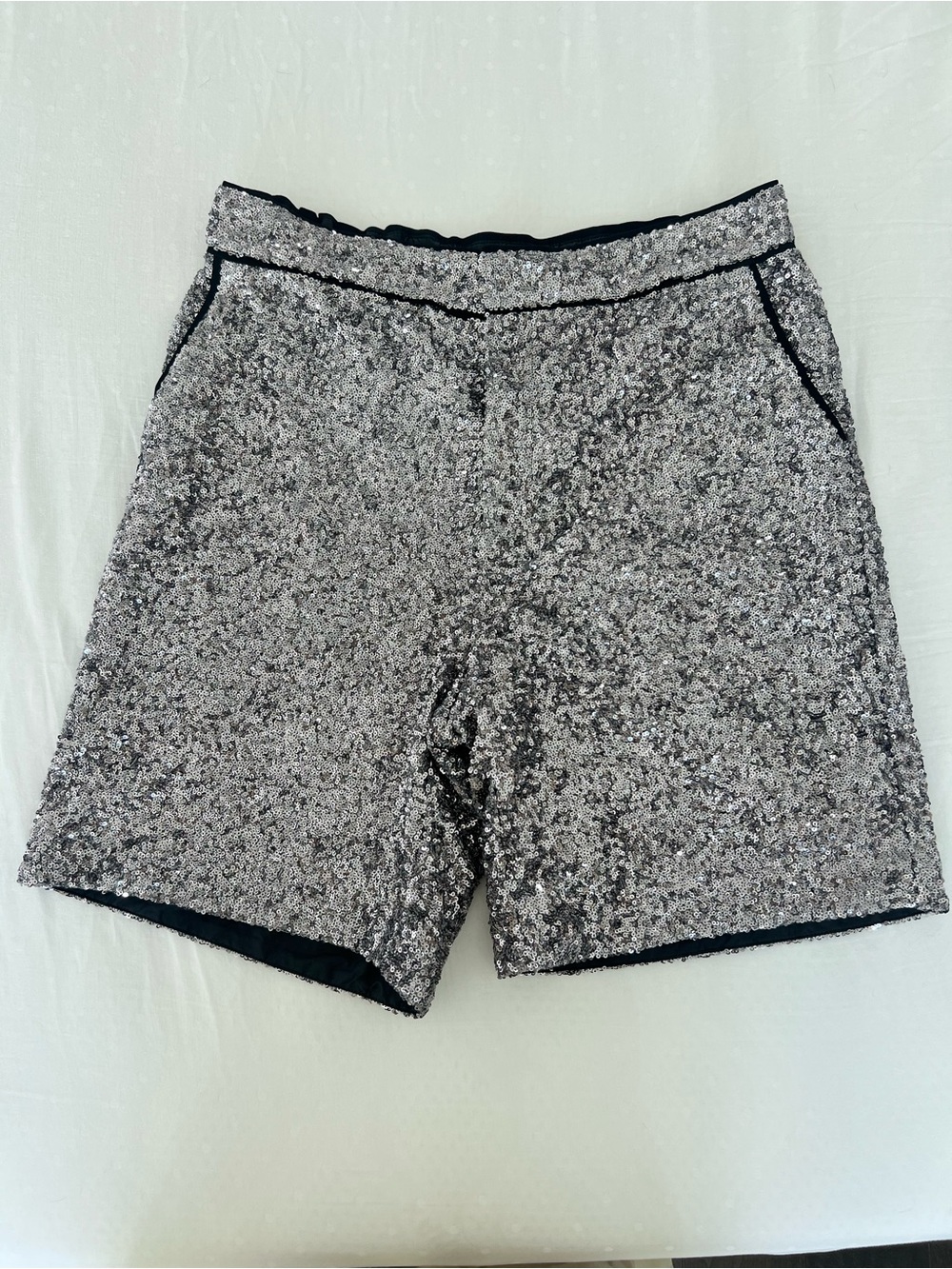 Anthropologie Silver Sequin Flat-Front Shorts